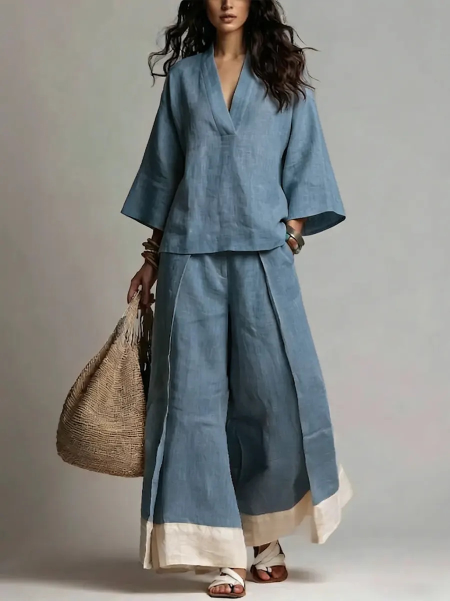 Linen Pant Wide - Summer Women V-neck Cotton Linen Set