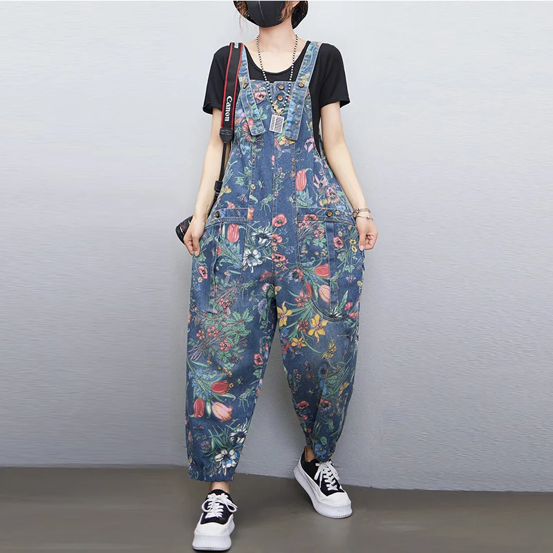 Romper Floral Print - Casual Streetwear Print Floral Denim Jumpsuit